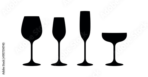 Four black wine glass silhouettes showing different stemware shapes side by side.