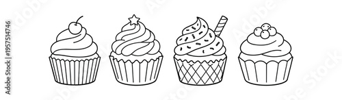 Four outlined cupcakes with distinct frosting decorations including a star, sprinkles, wafer and berries.