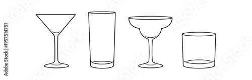 Four thin black outline drinking glass icons showing a martini, highball, margarita and lowball glass in a row.