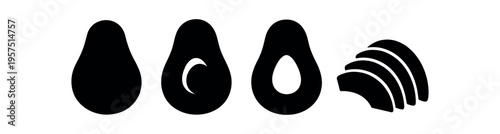 Four avocado silhouettes showing whole fruit, halves with seed, and sliced pieces.