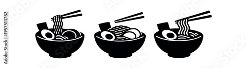 Three black silhouette ramen bowls with noodles, eggs and chopsticks in varied positions.