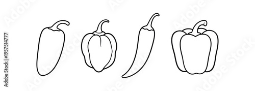 Four simple black outline peppers including a long chili and a bell pepper are arranged side by side.