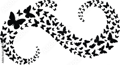 A large group of black butterflies flying in an infinity loop formation