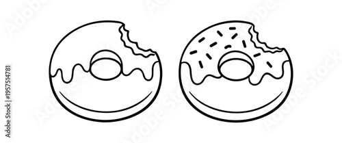 Two outlined donuts with icing, one with sprinkles and both with bite marks.