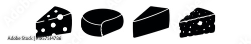 Four black silhouette cheese shapes including wedges and a round wheel are shown in a horizontal row.