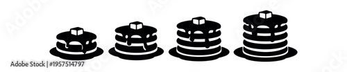Four black silhouette pancake stacks with syrup and butter arranged from small to tall.