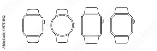 Four thin outline smartwatch icons showing round, square, rounded and octagonal case shapes.