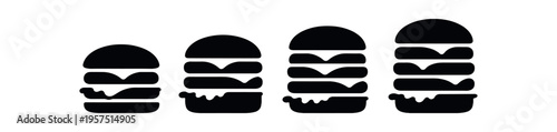 Four black burger silhouette icons with varied patty and bun shapes.