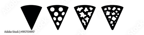 Four black pizza slice silhouette icons with different topping shapes.