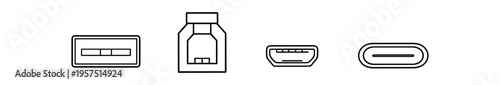 A series of four electronic connector icons including usb, rj45, hdmi and usb c in outline style.