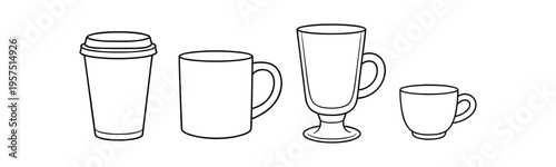 Four outlined drink vessels including a takeaway cup, mug, footed glass, and small cup are arranged in a row.