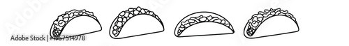 Four line art tacos with visible fillings are drawn in a simple outline style in a row.