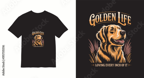 Golden life retriever dog portrait with sunset field and vintage typography for t-shirt print