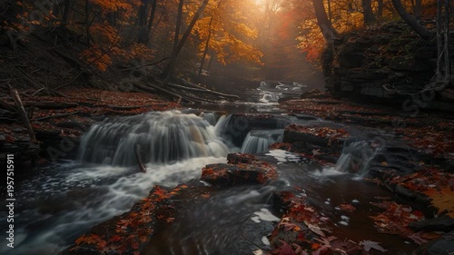 Video A serene scene of a stream running through a dense forest surrounded by vibrant leafy vegetation