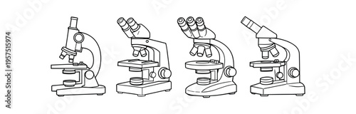 Four outline microscopes with different eyepiece and body styles displayed in a row.