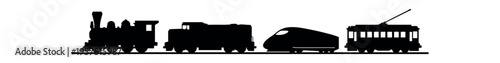 A row of black rail vehicles including a steam locomotive, freight carriage, highspeed bullet and a tram in silhouette.