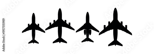 Four solid black aircraft silhouettes shown from top view arranged in a horizontal row.