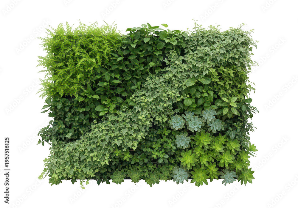 Obraz premium Lush vertical garden wall panel featuring a diverse collection of green foliage and succulents