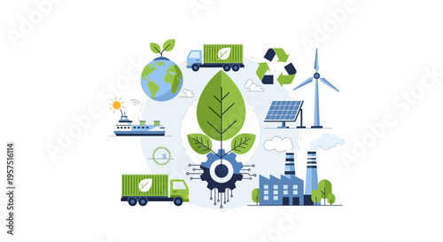 Sustainable Industry Ecosystem: Green Technology, Renewable Energy, and Eco-Logistics Illustration