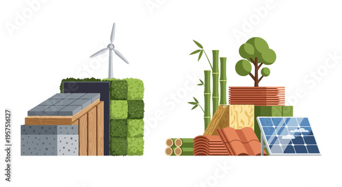 Eco-Friendly Building & Green Energy Solutions: Sustainable Architecture, Renewable Resources, and Environmentally Conscious Design Concepts Illustration