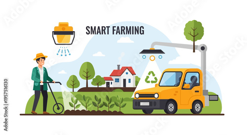 Smart Farming Technology Concept Vector Illustration with Farmer, Automated Irrigation, and Agri-Robot for Sustainable Agriculture