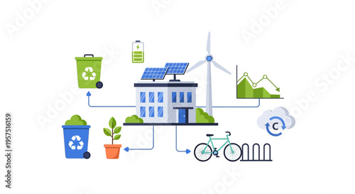 Eco City Sustainability Concept: Green Energy, Recycling, Sustainable Transport, and Environmental Management