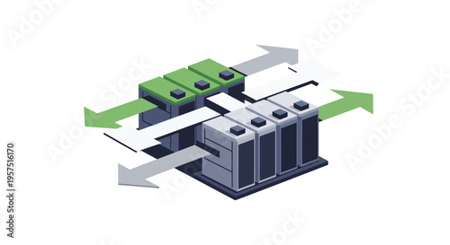 Data Flow Between Isometric Server Racks: Cloud Computing, Network Infrastructure, and Information Transfer Concept