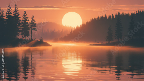 Serene lakeside sunrise with misty forest and golden reflection