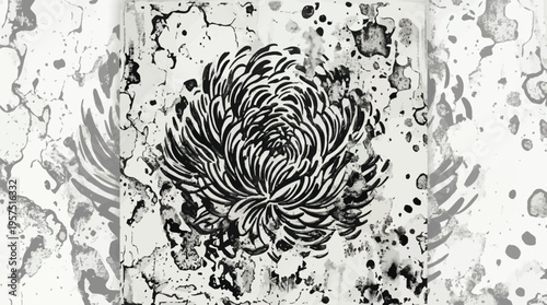 Black and white flower design with paint splatters background