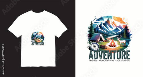 Adventure awaits on mountain camping trip with tent and campfire illustration