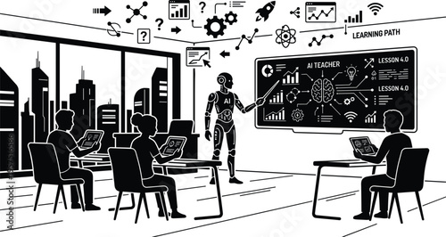 AI Powered Classroom Learning Scene with Robot Teacher Students Using Tablets and Smart Board Future Education Technology Concept Illustration