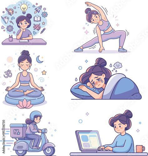 Young woman practicing mindfulness activities at home in cartoon style  