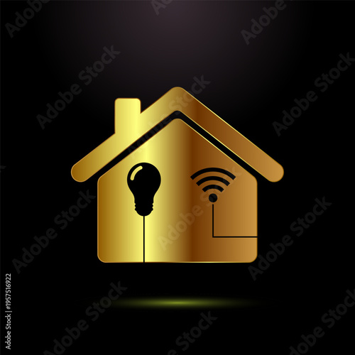 Golden smart home icon with lightbulb and wifi signal on black background