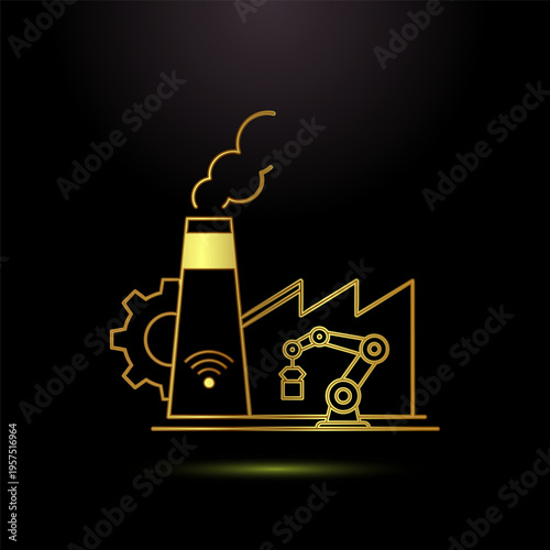 Outline of smart factory with gear and robotic arm on black background