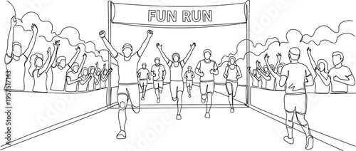 fun run finish line, people running and cheering