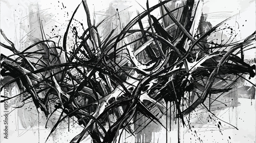 Abstract black and white painting with chaotic brushstrokes and splatters on a white background creating a dynamic artistic expression