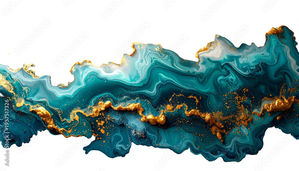 Fototapeta premium Abstract swirling teal and gold fluid art design with intricate patterns, on black background