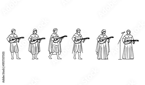 Medieval troubadour line art set bard musician playing lute vector illustration isolated on white