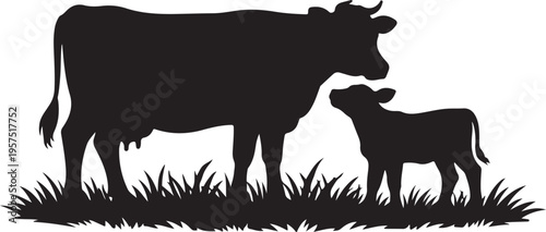 Cow and calf standing in the grass for dairy farm agriculture livestock breeding organic meat and rural landscape branding