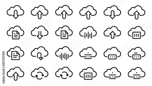 Set of cloud computing line icons for data transfer, storage, and connectivity.