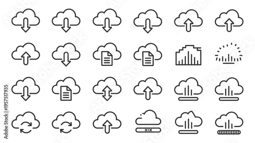 Collection of cloud technology line icons for data management and digital services.