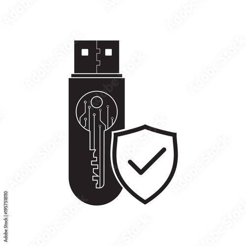 USB flash drive with key and protection shield. Black silhouette of information storage isolated on white background. Flash memory icon. Data storage with high quality protection.