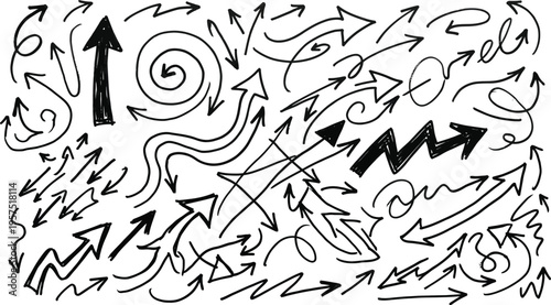 Hand drawn arrows in various directions and styles on white