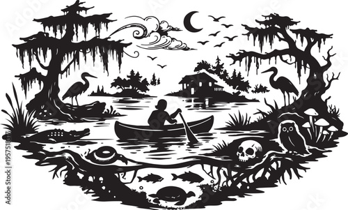 Silhouette hand drawn journey through untamed wetlands and mystical depths