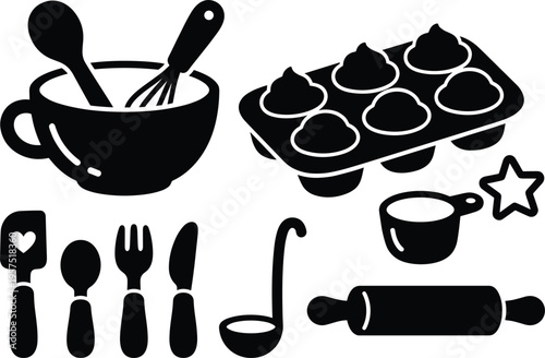 Baking Tools and Dessert Silhouettes Set Featuring Mixing Bowl Cupcake Tray Rolling Pin Utensils and Sweet Kitchen Accessories Illustration