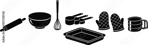 Baking Utensils Silhouette Set Featuring Rolling Pin Mixing Bowl Whisk Measuring Cups Oven Mitts Tray and Mug Kitchen Tools Illustration