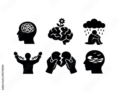 Black silhouette mental health icons showing brain, growth, sadness, chains and broken heart