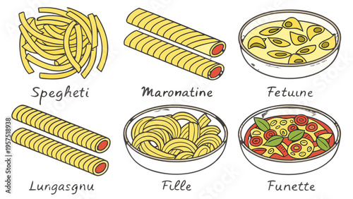 Flat line illustration set of various Italian pasta types including spaghetti, cannelloni, and fusilli with tomato sauce vector image