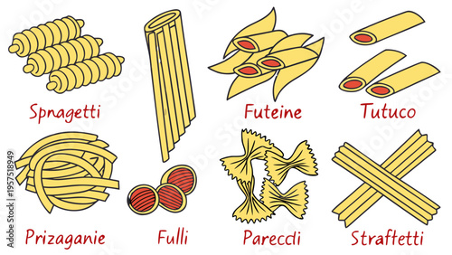 Flat line illustration set of various Italian pasta types including spaghetti, cannelloni, and fusilli with tomato sauce vector image