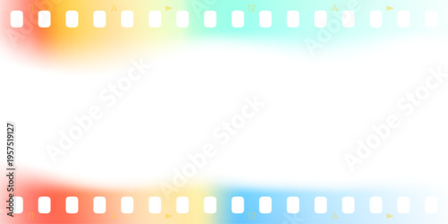 Colorful light leak effect of film frames. Film strip border with sprocket holes. 35 mm film frame video tape border with burn gradients. Vector analog film frame with transparent overlay effect.